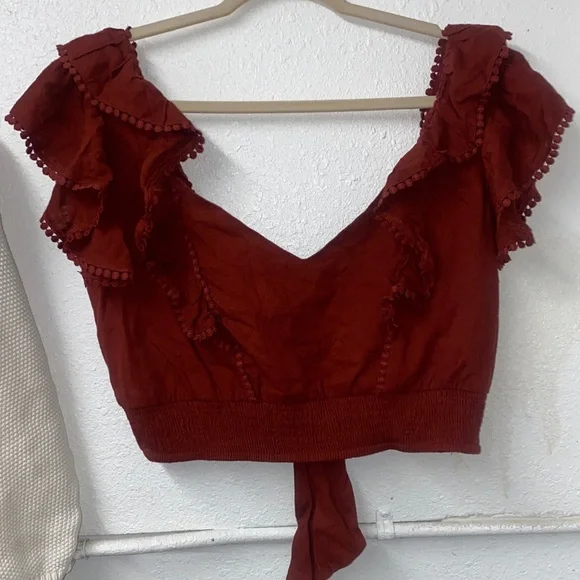 Express - Deep Rust Red - Ruffled Crop Top - Picture 3 of 7